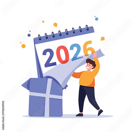 Person revealing calendar with 2026 over a gift box