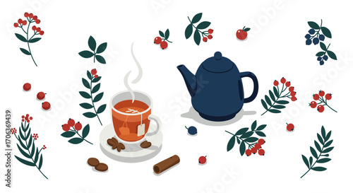 Cozy tea time with berries and leaves in modern flat design