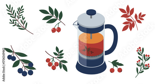 French press with herbal tea and berries in minimalist style
