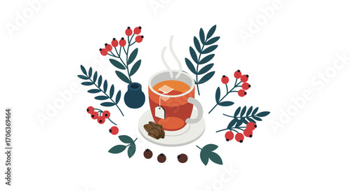 Cozy herbal tea arrangement with berries in modern isometric style