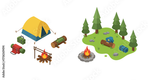 Isometric camping scene with tent, campfire, and forest elements
