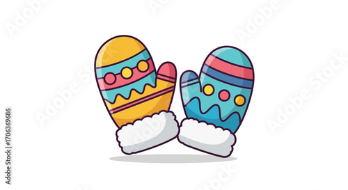 A vibrant cartoon illustration of a pair of colorful winter mittens with festive patterns, isolated on a clean white background
