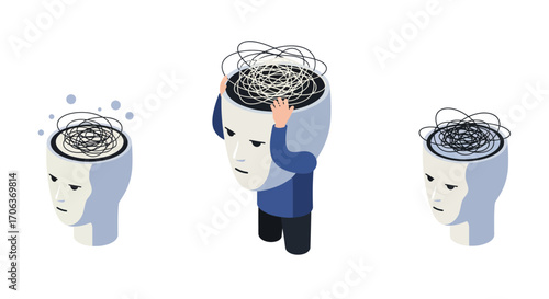 Isometric mental health concept: anxiety and confusion depicted in abstract face