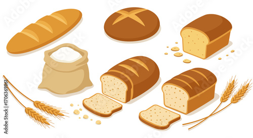 Isometric bakery selection: loaves, slices, and wheat elements