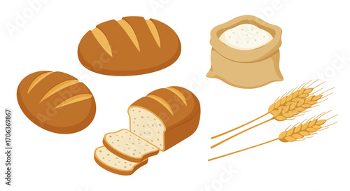 Freshly baked bread and wheat elements in flat design style