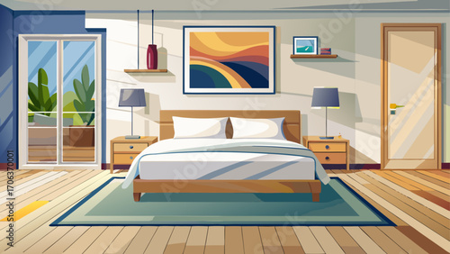 Minimalist bedroom featuring light oak flooring, white linens, sleek bedside tables, and a single abstract painting, blending simplicity with refined elegance.
