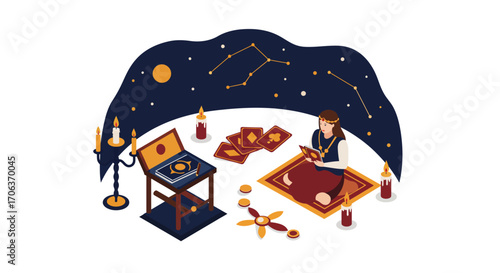 Isometric astrology scene with tarot cards and constellations in night sky