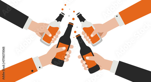Celebratory cheers with clinking beer bottles in flat design