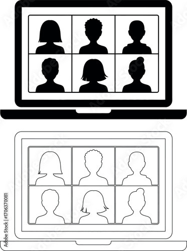 This stock image shows a laptop computer screen displaying multiple video conference participants in silhouette.