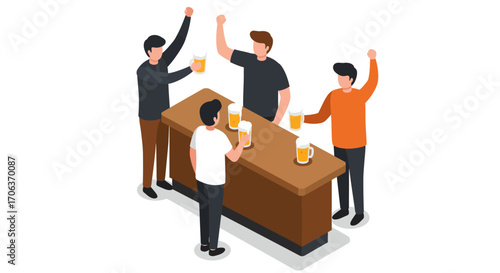 Friends enjoying beer at a bar counter in isometric style