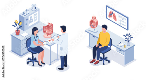 Healthcare consultation in a medical office with isometric design