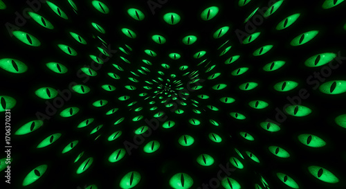 Dark background with green feline eyes repeating in a pattern, hypnotic effect