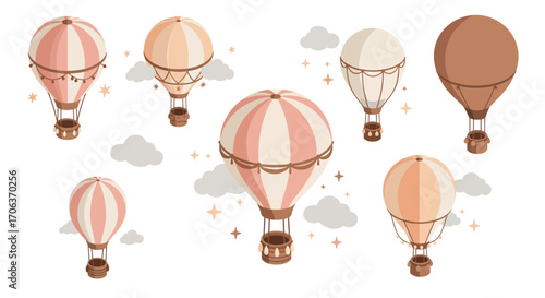 Dreamy pastel hot air balloons in vintage style with soft clouds and stars