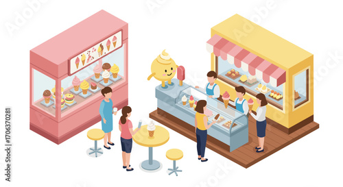 Delightful ice cream shop scene with customers and staff in cute isometric de…