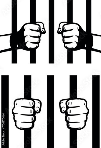 A graphic image of two pairs of hands cuffed and positioned behind prison bars.
