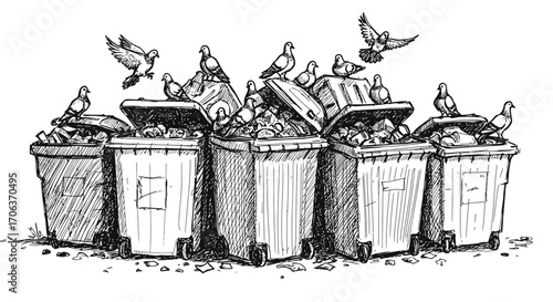 Hand-drawn urban scene with pigeons and overflowing trash bins