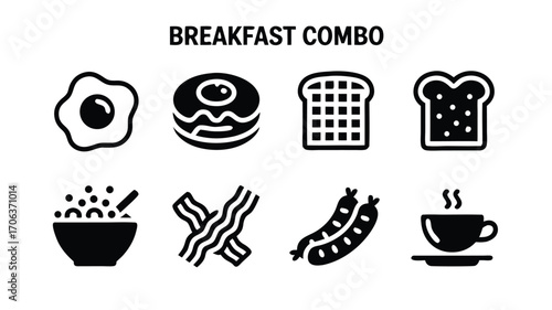 A Collection of Delicious Breakfast Food Icons Including Fried Eggs Waffles Donut Toast Cereal Bacon Sausages and Coffee for Your Designs