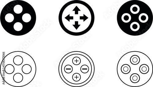 This image displays six different black and white electric vehicle charging connector icons.