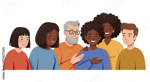 Diverse group of happy people smiling together in colorful attire
