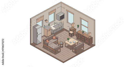 Cozy isometric room interior with modern furniture and appliances in neutral…