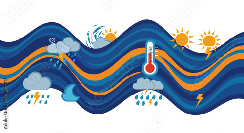 Climate change concept with weather symbols and temperature waves