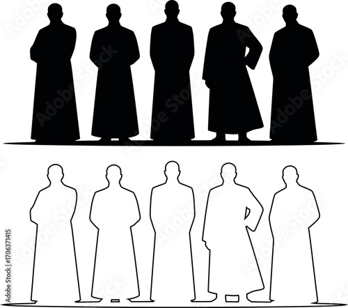 A collection of nine black silhouettes of men, all wearing long robes or coats.
