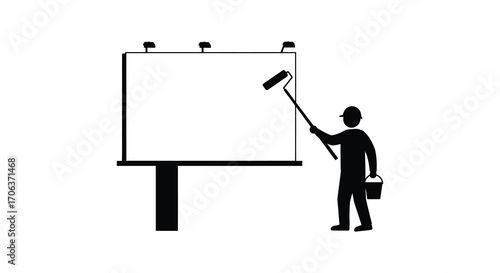 artist painting billboard with large roller and paint bucket