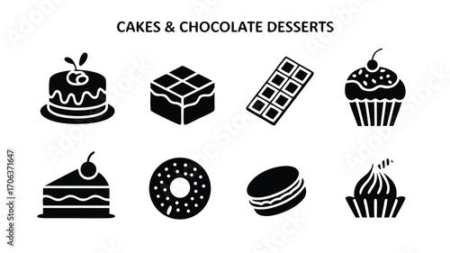 Collection of Delicious Cakes and Sweet Chocolate Desserts Icons Representing Confectionery Treats and Baked Goods