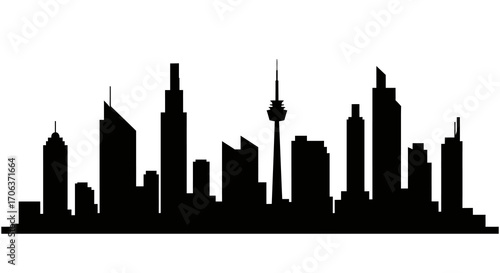 City skyline silhouette featuring modern high-rise buildings