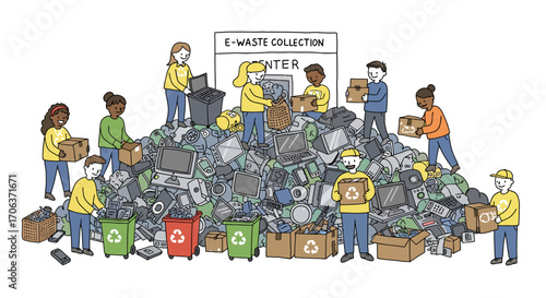 Community e-waste collection center: people recycling electronics and promoti…