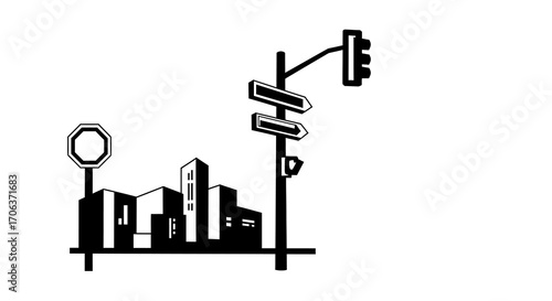 Minimalist urban silhouette featuring cityscape and traffic signs