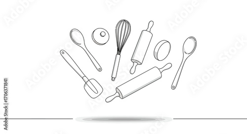 Kitchen utensils in linear style floating above surface