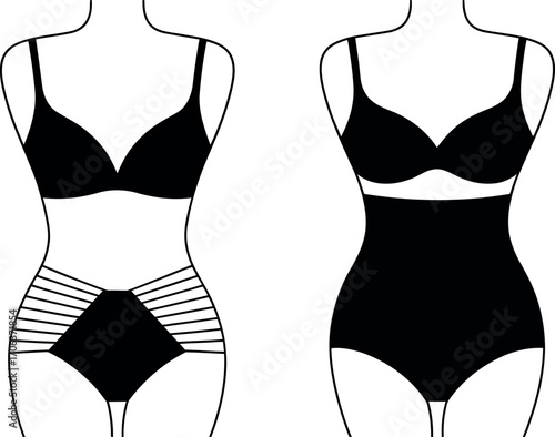This black and white illustration displays two stylized female figures, each wearing different types of undergarments.