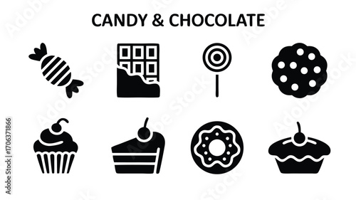Collection of Delicious Sweet Treats Including Candy Chocolate Bars Cookies Cupcakes Cake and Doughnuts Representing Confectionery Delights