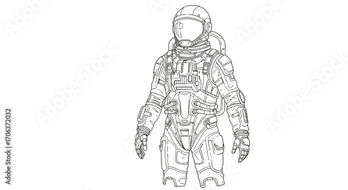 Detailed line art of space suit and advanced astronaut gear