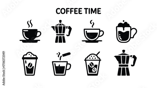 Illustrating a Collection of Coffee Beverages and Brewing Devices in Simple Silhouette Style Ideal for Graphic Design Projects