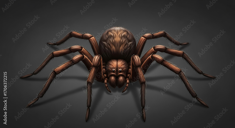 Fototapeta premium Halloween detailed illustration of a brown spider with intricate patterns on its body and legs, set against a dark background, creating a sense of realism