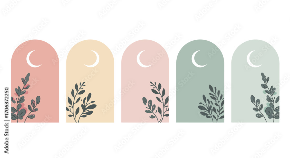 Fototapeta premium Pastel colored archways with abstract foliage and moons