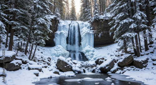 Picturesque winter landscape waterfall cascading through snowcovered forest