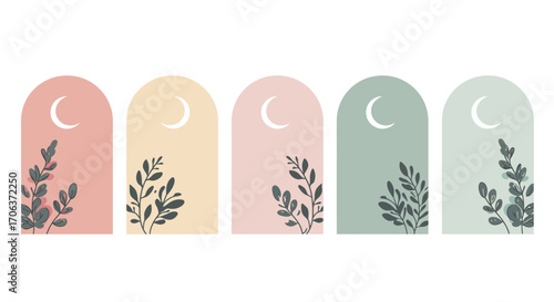 Pastel colored archways with abstract foliage and moons