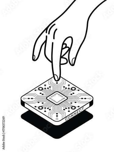 Hand pressing a button on a square electronic device with circuit patterns