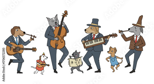 Charming cartoon animals playing music in a lively band scene