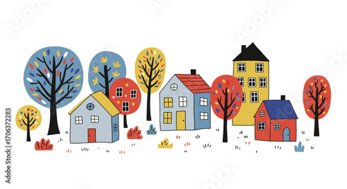 Charming autumn neighborhood with colorful houses and trees