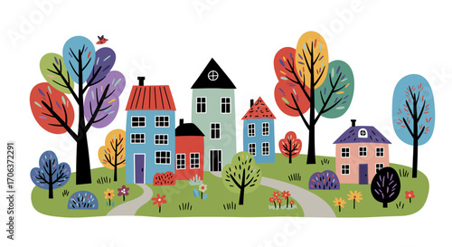 Charming autumn village with colorful trees and cozy houses in flat style