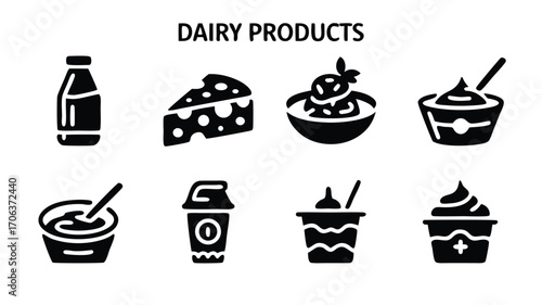 Collection of Milk Cheese Yogurt Ice Cream and Other Delicious Dairy Food Products Icons