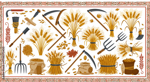 Harvest tools and wheat set with traditional ukrainian embroidery border