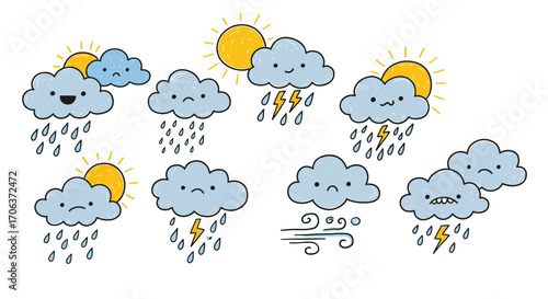 Cute cartoon weather icons with clouds, rain, sun, and lightning