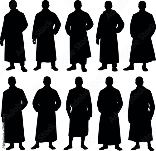 A collection of nine black silhouettes of men, all wearing long robes or coats.