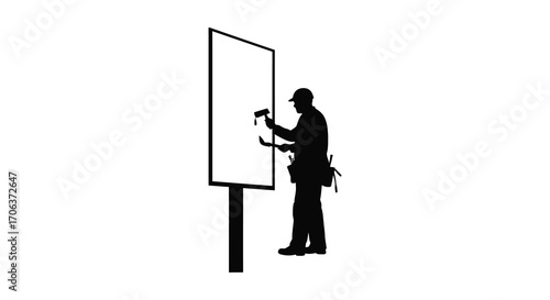 a worker installing advertisement board using tools silhouette
