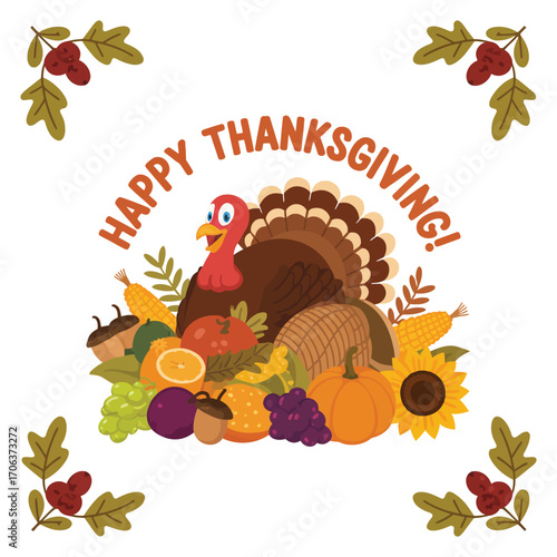 Festive Thanksgiving illustration of a cartoon turkey with a bountiful autumn harvest of pumpkin, corn, and fruit